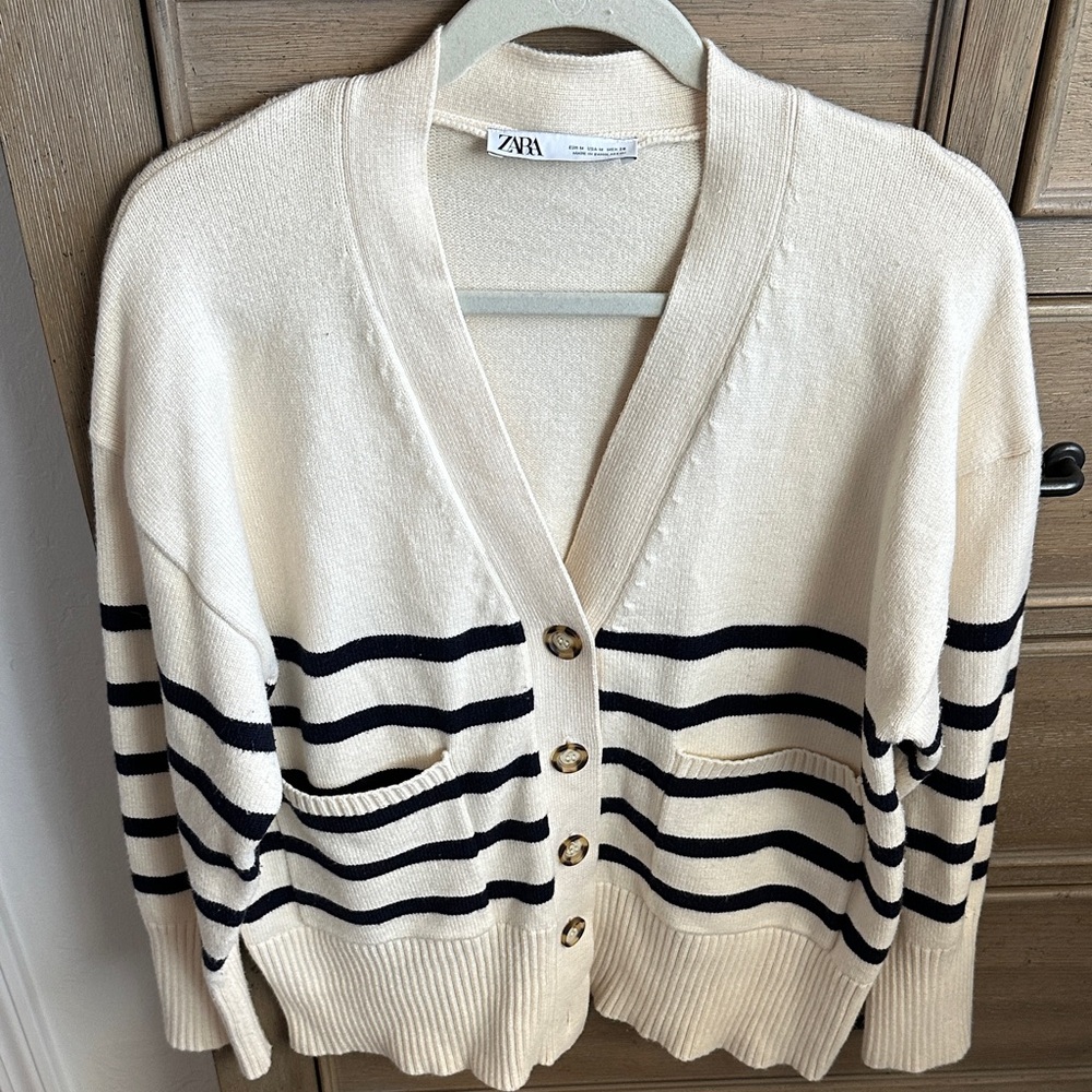 Zara Women's Cardigan in Cream and Black Stripes
